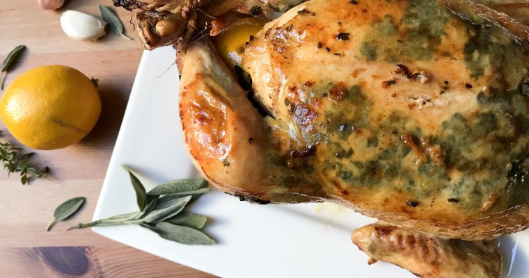 Roast Chicken with garlic and sage butter
